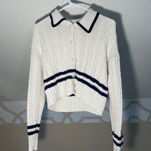 Women’s White Cable Knit Cardigan Sweater w/ Navy Trim – Size S